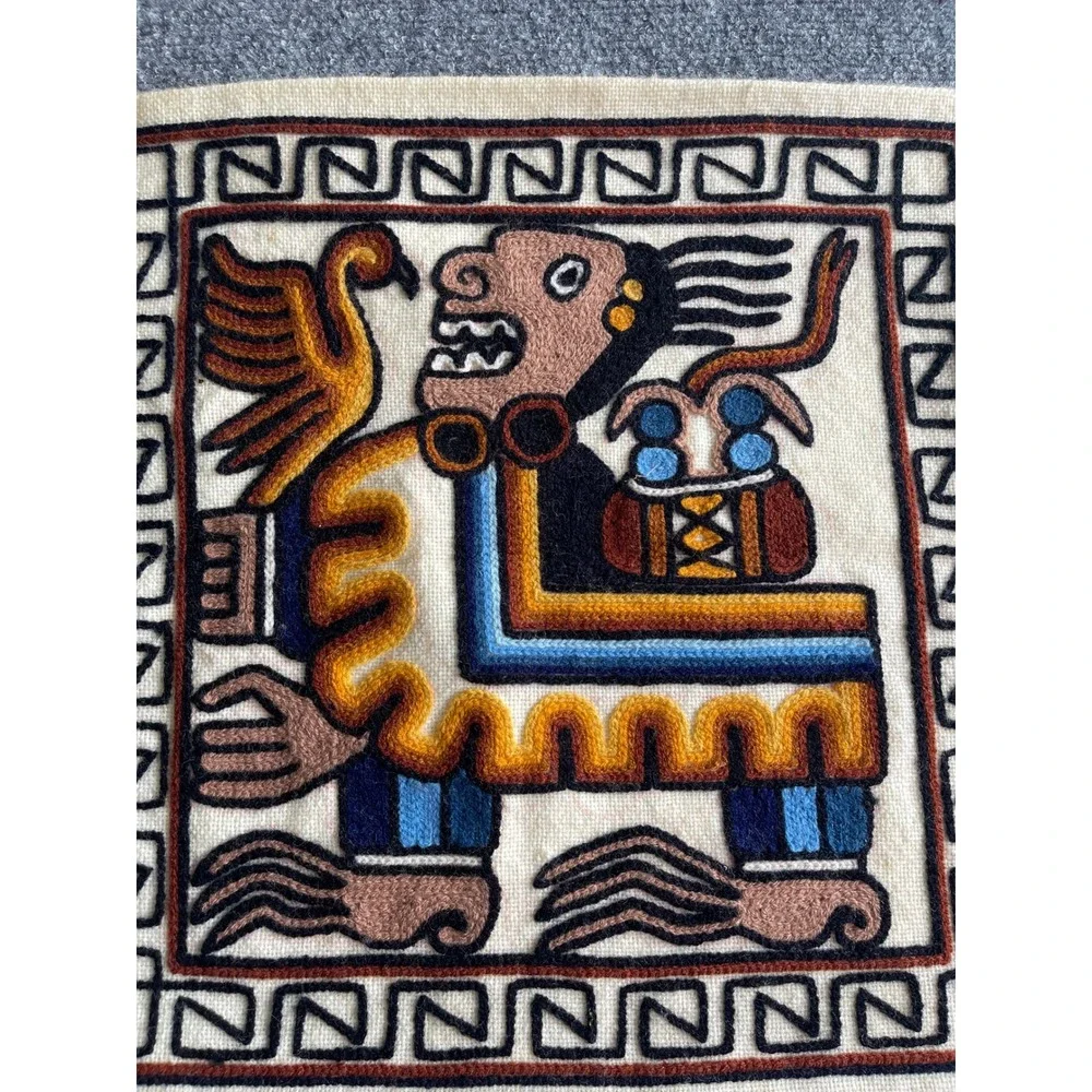 Peruvian Hand Embroidered Wool Pillow Cover Incan Mythological Folk Art 15x15